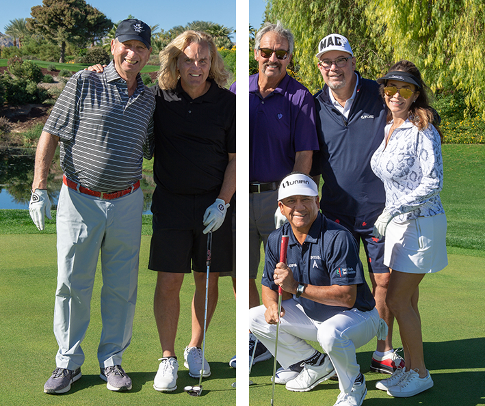 A group of people standing on top of a golf course.